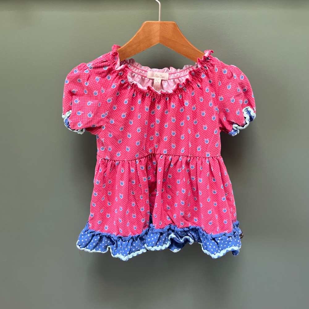 Matilda Jane Girls Pink Blue Apple Polka Dot Ruffle Peplum Top Size 4
